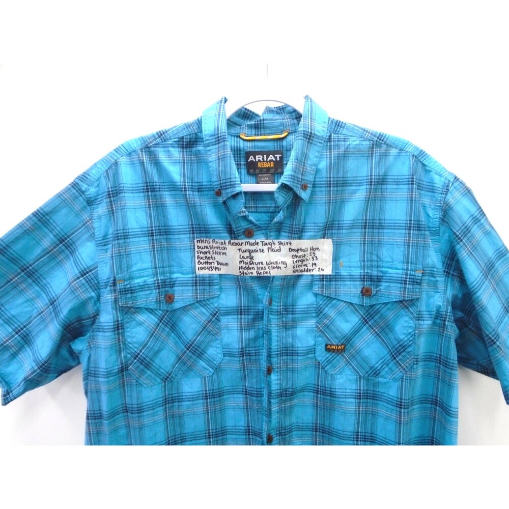 Ariat Rebar Work Shirt Mens Large Turquoise Plaid DuraStretch Short Sleeve Blue - Picture 2 of 11